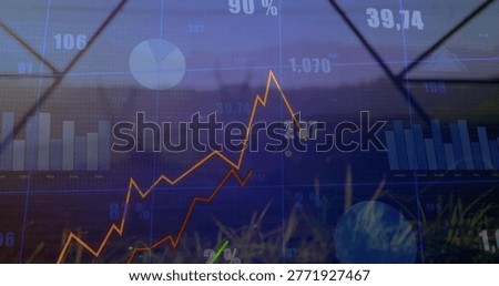 Showing translucent data overlay with orange and red lines rising over greenhouse glass, grass. Infographics, finance, polytunnel, visualization, gridlines, charts, trendlines