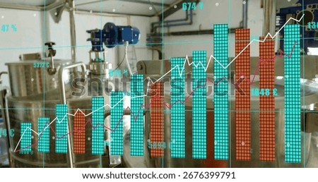 Showing translucent data visualization overlaying plant with stainless tanks,pipes,valves and motor. Industrial, manufacturing, data analytics, automation, engineering, digital interface, process