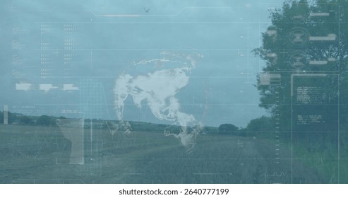 Showing translucent digital globe projection over rural field with grid overlays and data charts. Village, landscape, technology, innovation, ecology, analytics, visualization