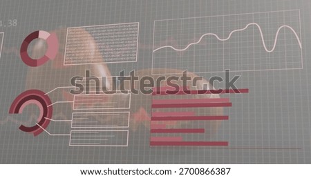 Showing translucent HUD data visuals on grid dashboard, with donut, gauge, bar and line charts. Interface, futuristic, transparent, digital, analytics, metrics, widgets