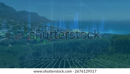 Showing translucent line graph overlay over coastal homes, with candlestick and binary code. Seascape, financialtechnology, digitalvisualization, dataanalysis, moderndesign, strategicplanning,