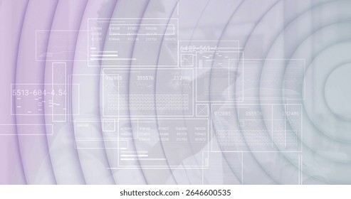 Showing translucent panels overlaying dashboard, with numeric tables, data charts and grid shapes. Abstract, futuristic, minimalist, technology, interface, data visualization, digital
