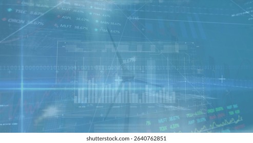 Showing translucent wireframe graph at 38.67% with bar chart on interface, binary code and tickers. Analytics, technology, data, visualization, finance, digital, dashboard