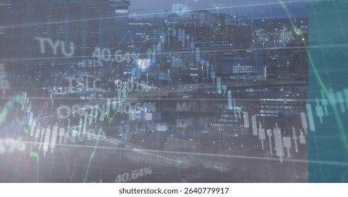 Showing transparent candlestick bars and line graphs over city skyline at night, with stock tickers. Urban, skyline, financial, data visualization, technology, metropolis, digital - Powered by Shutterstock - Get 15% off with code: PIKWIZARD15