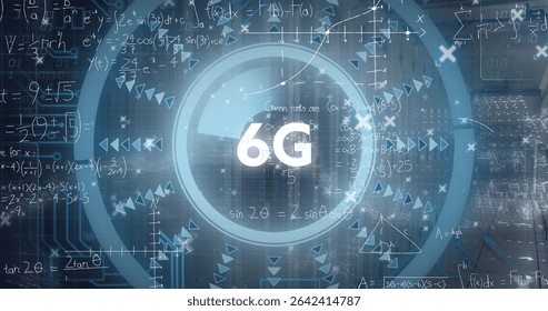 Showing virtual interface glowing with 6G symbol on screen, with rings, formulas and network nodes. Futuristic, digital, technology, holographic, network, abstract, data