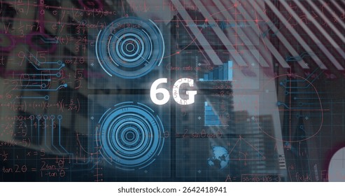 Showing white 6G logo in blurred office with HUD interfaces chart globe formulas and circuits. Futuristic, technology, innovation, digital, network, communication, corporate