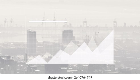 Showing white chart overlay over urban skyline in morning haze, with grid axes, peaks and valleys. Urban, data, analytics, visualization, industry, infrastructure, technology - Powered by Shutterstock - Get 15% off with code: PIKWIZARD15