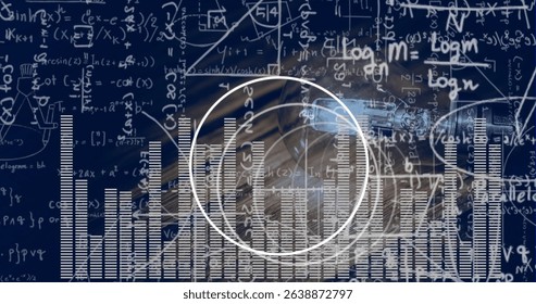 Showing white circle highlight enclosing bar graphs in digital interface, with equations and code. Technology, data, analytics, innovation, science, digital, visualization - Powered by Shutterstock - Get 15% off with code: PIKWIZARD15