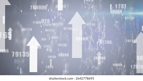Showing white upward arrows moving across network grid in data interface, with numerical sequences. Technology, data, analytics, infographics, digital, innovation, connectivity - Powered by Shutterstock - Get 15% off with code: PIKWIZARD15