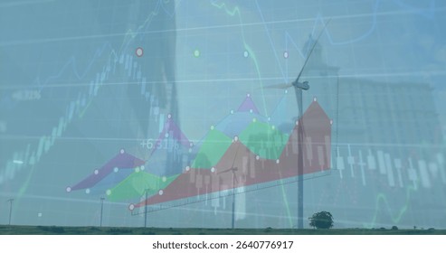 Showing wind turbine turning on plain by tree, building overlaying candlestick, area and line charts. Renewable, sustainability, energy, data visualization, landscape, digital, clean