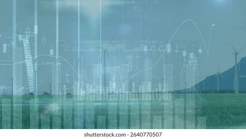 Showing wind turbines across wind farm, with bar charts, candlesticks, line charts, data labels. Renewable, sustainability, energy, environment, data visualization, analytics, green
