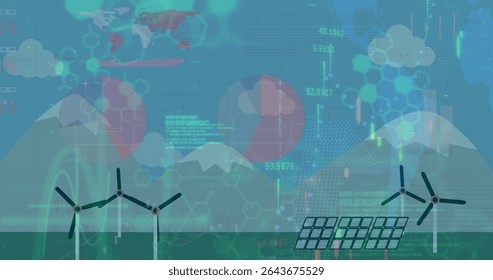 Showing wind turbines and solar panels at sea, with stylized world map and cloud icons. Renewable, sustainability, innovation, technology, environmental, futurism, cleanenergy
