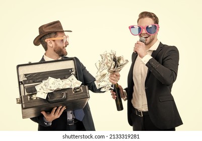 Showman Announce Happy Jackpot Winner Holding Money Suitcase Isolated On White, Win