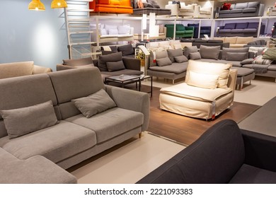 Showroom in the upholstered furniture store department with sofas - Shutterstock ID 2221093383