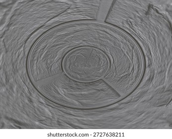 shows an abstract circular pattern with concentric rings and textured gray surfaces, resembling a carved or embossed design