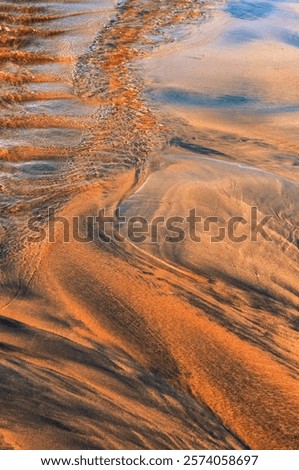 Shows the patterns created by the movement of water over sand reflecting light, has sculpted the sand into a series of flowing lines and patterns, show the dynamic interaction between the two elements