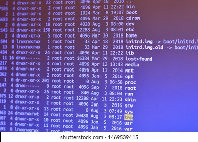 Shows The Root Of The Disk On The Server. The Screen Of The Text Monitor In The Linux System.