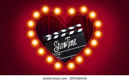  Showtime.Handwriting On Film Slate.storytelling Inspiration Screenwriting And Filmmaking For Love Story In Valentine's Day.Broadway Theatre, Show Performance In The Background.