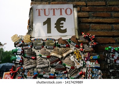 A show-window with typical souvenirs in shop in Rome, Italy on April 26, 2019