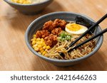 Shoyu ramen or Tokyo ramen, Tokyo ramen, consists of a soy sauce flavor and a clear soup broth served with medium-thin curly noodles. perfect for recipe, article, catalogue or any commercial purposes.