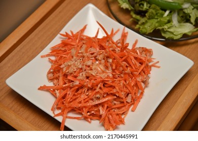 Shredded Carrot Salad With Mustard Flavor And Lettuce, Green Beans And Shirasu Salad