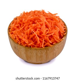 Shredded Carrots In Wooden Bowl Isolated On White Background