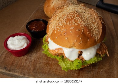 Shredded Chicken Sandwich Homemade And Yogurt Sauce