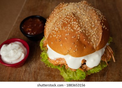 Shredded Chicken Sandwich Homemade And Yogurt Sauce