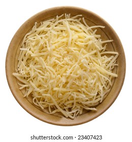 Shredded Mild Cheddar Cheese On A Small Ceramic Bowl Isolated Against White Background