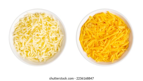 Shredded mozzarella and cheddar cheese, in white bowls. Grated low-moisture mozzarella, and piquant, orange colored natural cheese, both made of pasteurized cow milk. Used for pizza and pasta dishes. - Shutterstock ID 2236168847