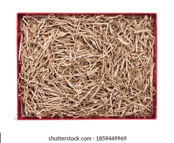 Shredded Paper For Gifting And Stuffing In Cardboard Box. Top View, Clipping Path Included