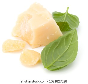 Shredded Parmesan Cheese And Basil Leaf Isolated On White Background Cutout