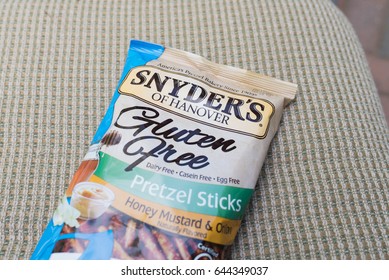 SHREWSBURY, MASSACHUSETTS - May 21, 2017 : Snyders Of Hanover Gluten Free Pretzel Sticks. Honey Mustard & Onion Flavored Pretzels Produced By Snyders Of Hanover ; Gluten Free, Dairy Free, Casein Free