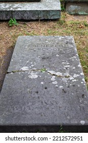 Shrewsbury, UK-  July 14, 2022: The Grave Stone Of Ebenezer Scrooge Used In The 1984 Christmas Carol Movie, Filmed In Shrewsbury, Engalnd.