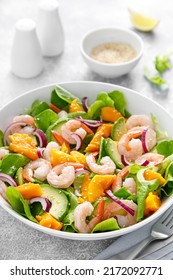 Shrimp, Avocado And Mango Salad With Fresh Green Lettuce. Prawn Salad