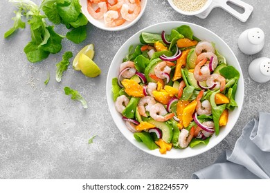 Shrimp, Avocado And Mango Salad With Fresh Green Lettuce. Prawn Salad