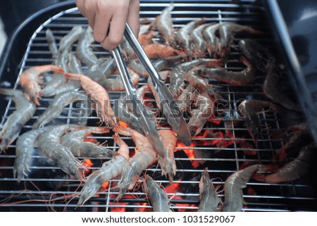Shrimp, Bacon Grilled On Barbecue Fire Stove .