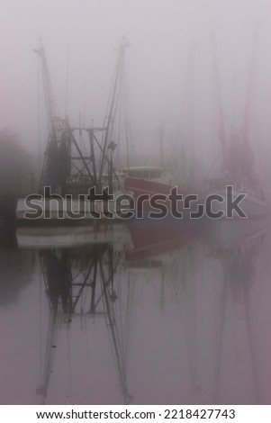Shrimp boats in fog at moorage in Darien, GA