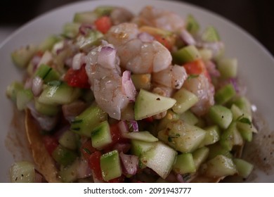 Shrimp Ceviche Tostada From Mazatlan, Mexico Closeup.