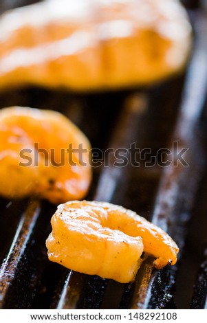 Shrimp and chicken on barbecue grill.