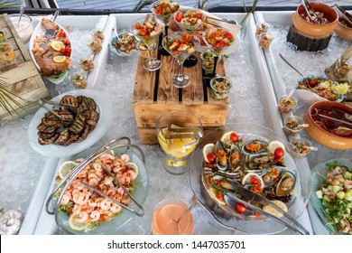 Shrimp Cocktail, Tabbouleh And Carrot Salad Vegetables During Hotel Brunch Buffet Outside Outdoor In The Garden By  The Pool. Fresh Food Buffet Brunch Catering Dining Eating Party Sharing Concept