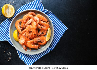 Shrimp Cooked Prawn Seafood Ready To Eat Serving On A Plate Healthy Meal Snack Ingredient Top View Copy Space For Text Food Background Rustic Diet Pescetarian