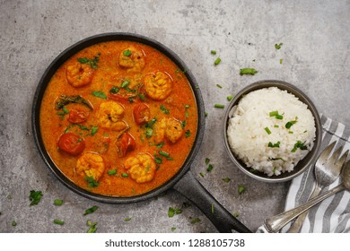 Shrimp In Curry Coconut Sauce With Rice In A Bowl - Curried Prawns,  Overhead View