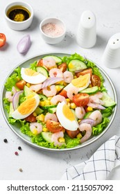 Shrimp Egg Salad Salad On Plate On Light Background. Copy Space.