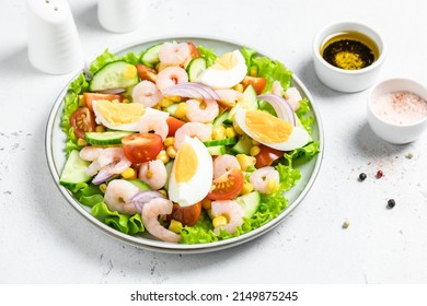 Shrimp Egg Salad Salad On Plate On Light Background. Copy Space.