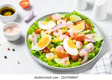 Shrimp Egg Salad Salad On Plate On Light Background. Copy Space.