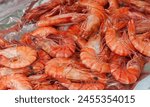 Shrimp. Fresh raw shrimps at the market for sell. Heap of prawns with top view. Shrimp pattern, prawn texture.