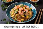 Shrimp Fried Rice: A delicious stir-fried rice dish with succulent shrimp, mixed vegetables, and scrambled eggs, all tossed in soy sauce for a flavorful meal.