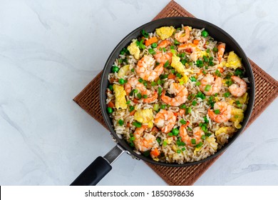 Shrimp Fried In A Skillet Top Down Flat Lay Horizontal Photo, Asian Food Photography