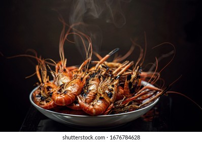 Shrimp Grilled, Fresh Grilled Shrimps On A Plate 